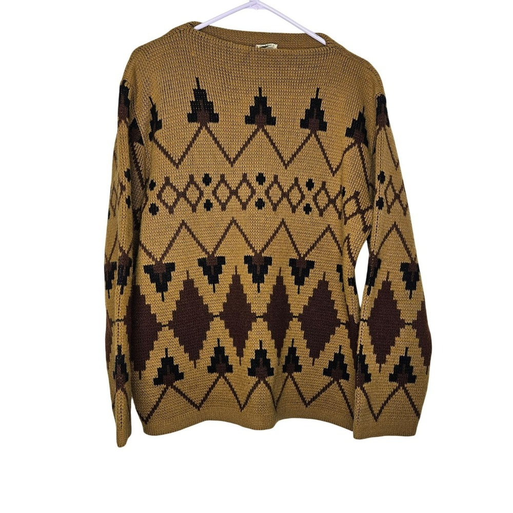 Vintage Orlon Geometric Pattern Sweater Size 52 Brown & Black Aztec Boho 60s-70s